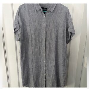 Tahari Dress 100% Linen Navy White Striped Shirt Dress Collar Button Size Medium